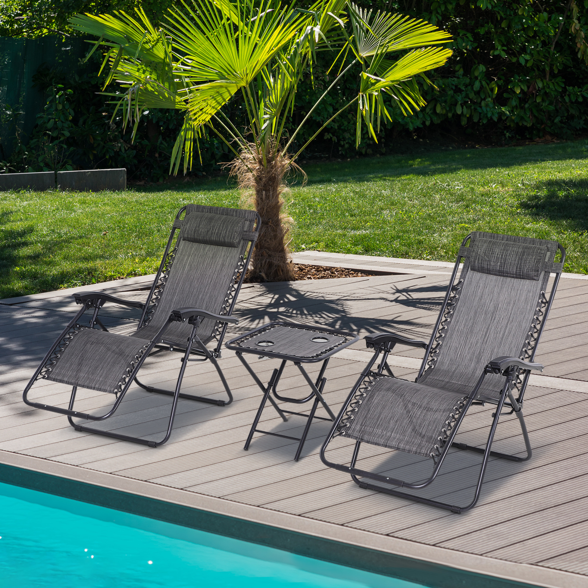 3PC Zero Gravity Chairs Sun Lounger Table Set Cup Holders Light Grey Outsunny