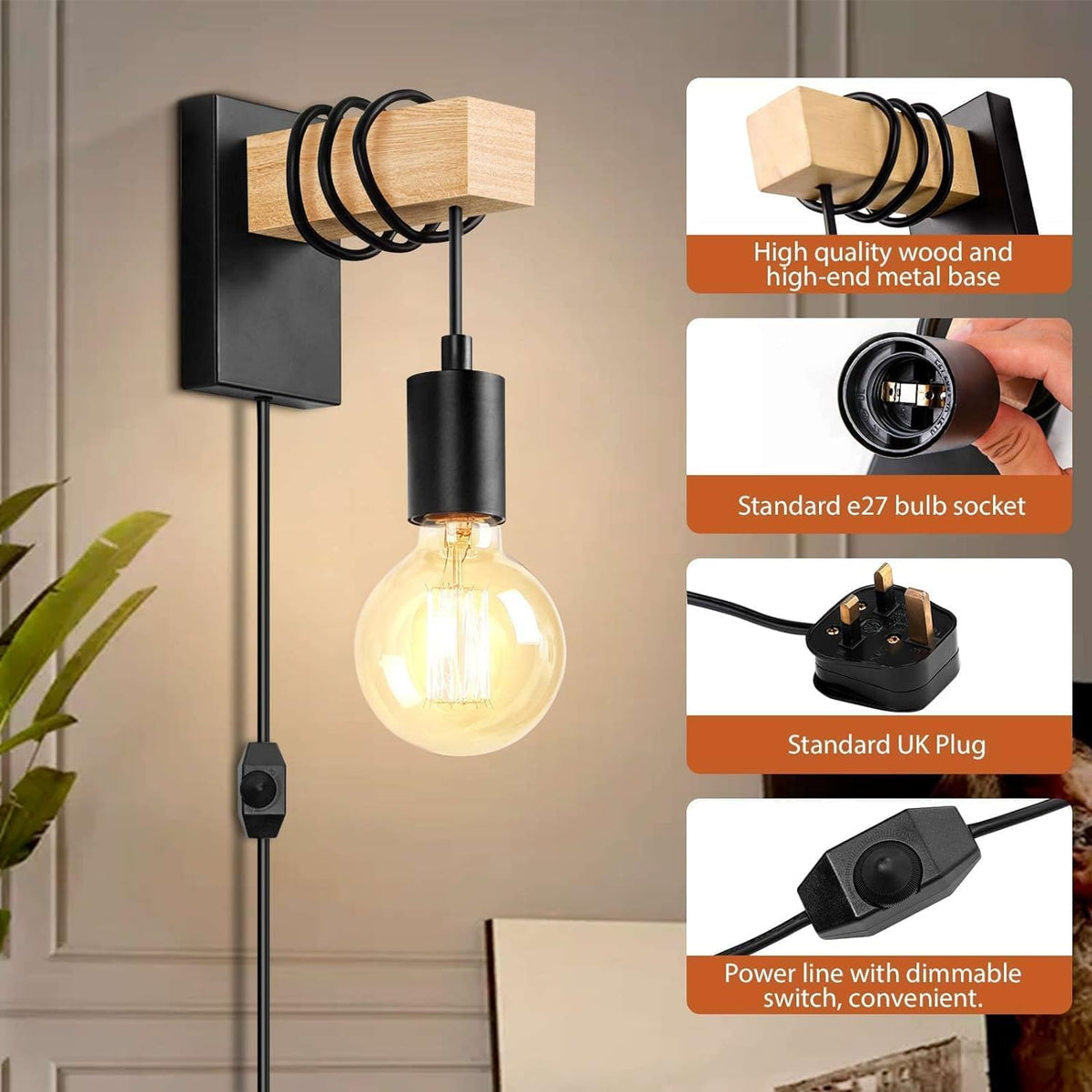 Lightess 2-Pack Plug-In Wall Lights – Dimmable Wood Sconces with Switch Black