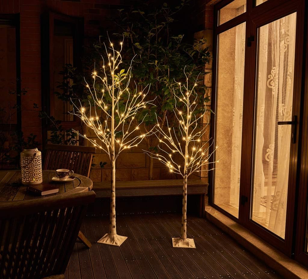 2PCS White Twig Tree Set 6FT & 5FT Birch Trees Warm White LED Lights EAMBRITE