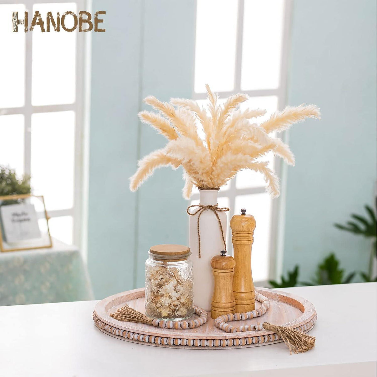 Round Decorative Wooden Tray 18 Inch Beaded Centerpiece Coffee Tray Boho HANOBE