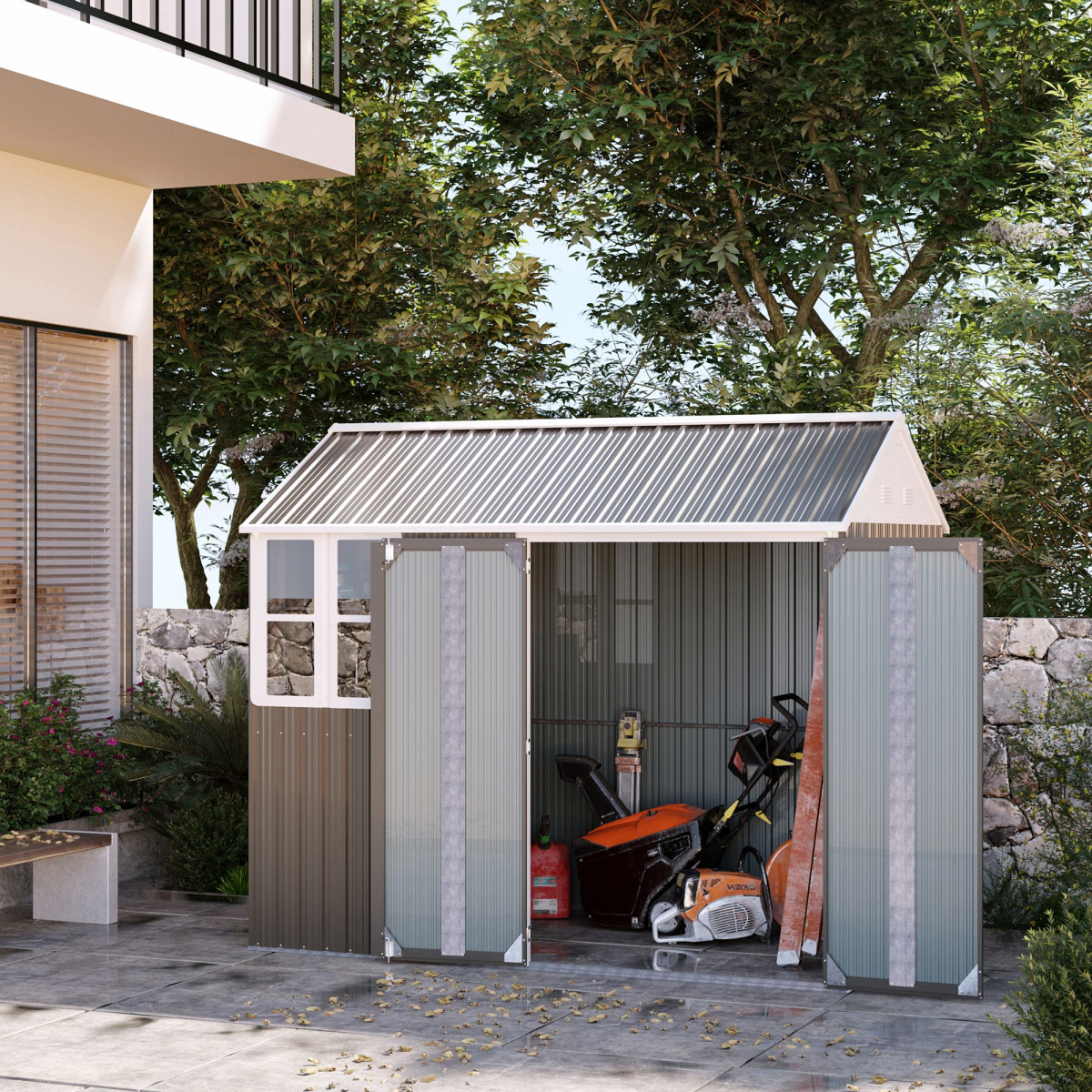 Outsunny 8x6ft Metal Garden Shed - Grey, Outdoor Storage w/ Doors, Window, Metal Construction