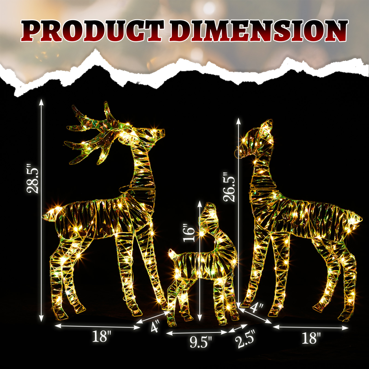 3-Piece Lighted Iridescent Christmas Reindeer Family Set Outdoor Decorations, Weather Proof Deer Family Set of 3 Christmas Ornament Home Decor Pre-lit 110 LED Warm White Lights, 2.4FT
