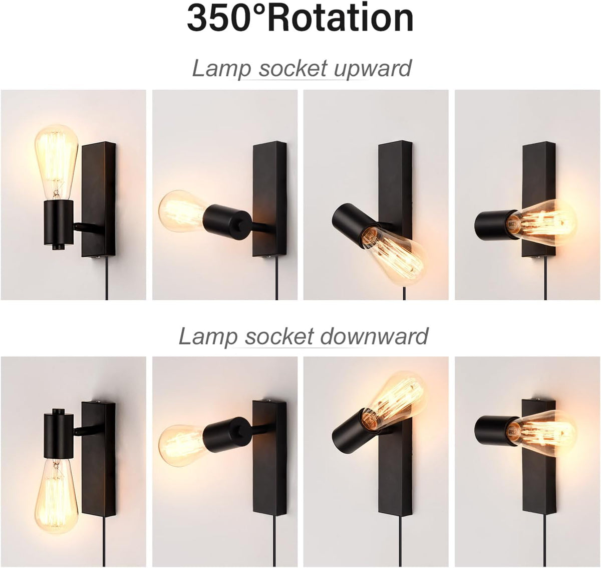 Lightsjoy 2-Pack Plug-In Wall Lights – Rotatable Black Industrial Sconces E27