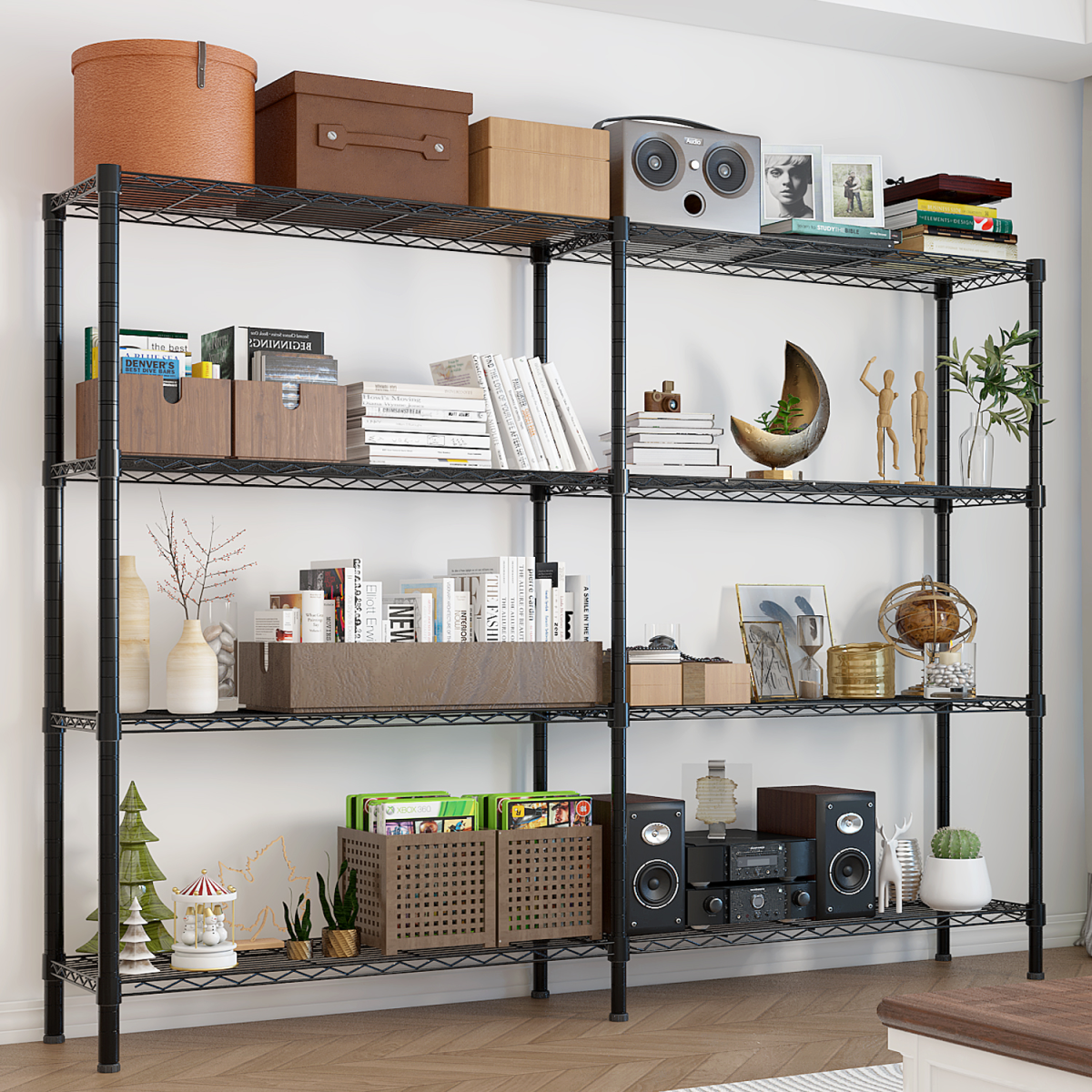 4-layer double row, freely adjustable layer spacing, with adjustable feet, display stand, iron, 147*35*150cm, powder-coated black