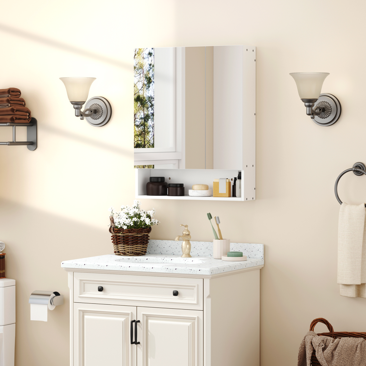 kleankin Wall Mount Medicine Cabinet with Mirror and Adjustable Shelf, White