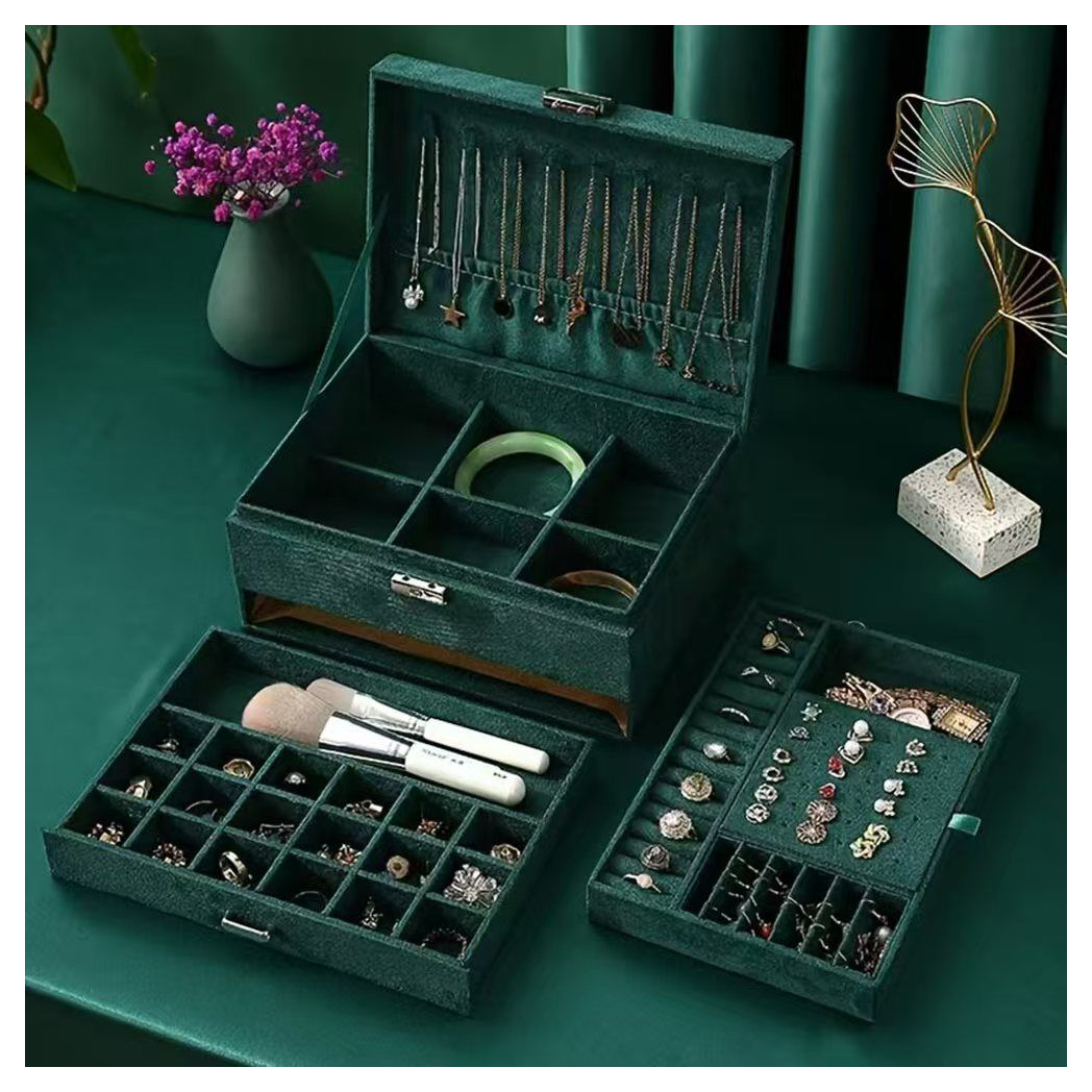 1pc Green 3-Layers Jewelry Box, Large PU Leather Finish Storage Drawer Cabinet, Jewelry, Earrings, Necklace, Bracelet, Ring, Ornaments, Adorn Article, Small Item Organizer Box Art Supplies