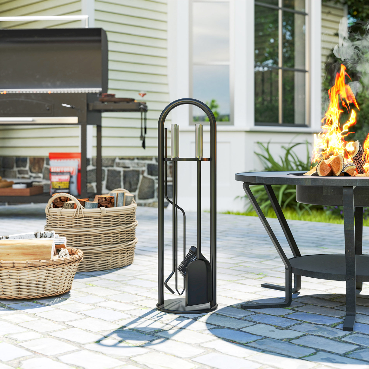 Outsunny 5 PCS Fireplace Companion Set, Metal Fireside Companion Set, Silver