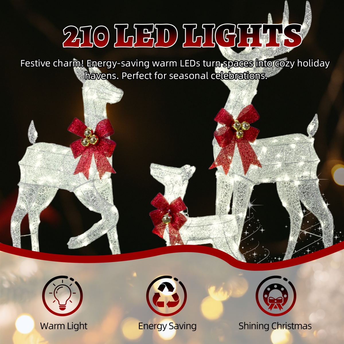 3-Piece Lighted Christmas Reindeer Family Set Outdoor Decorations, Weather Proof Sparkling Deer Family Set of 3 Christmas Ornament Home Decor Pre-lit 210 LED Warm White Lights, 4FT, Silver