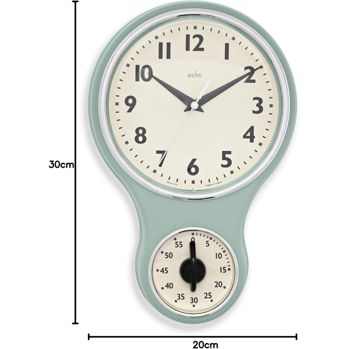 Acctim Kitchen Time 20cm Timer Quartz Retro Style Domed Glass Lens Sage Wall Clock 21598