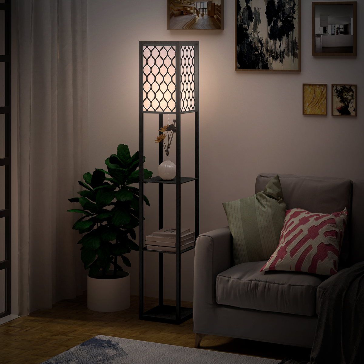 HOMCOM Modern Floor Lamp Light with 3 Shelves Fabric Lampshade Black