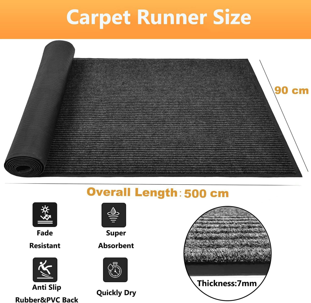 Hallway Carpet Runner 90x500cm Non Slip Extra Long Washable Rug Nisorpa