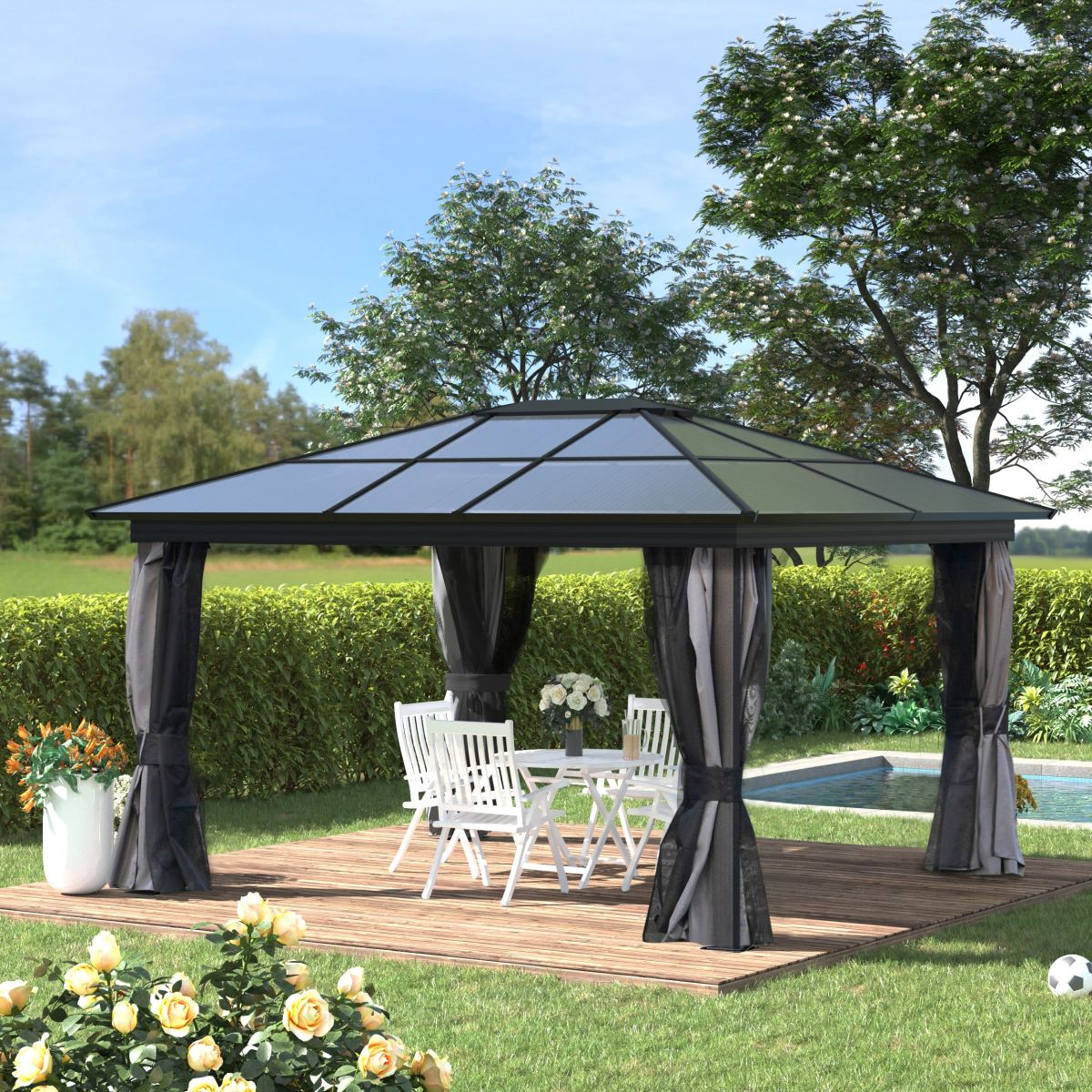 4x3.6m Aluminium Hardtop Gazebo Canopy w/ Polycarbonate Top, Curtains Outsunny