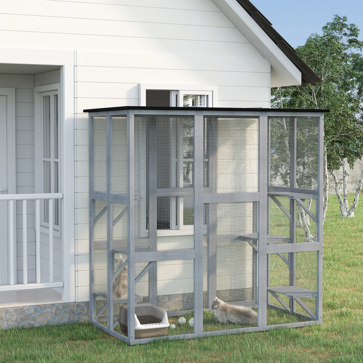 PawHut Wooden Cat House with Platforms, Cat Cage for Multiple Kittens