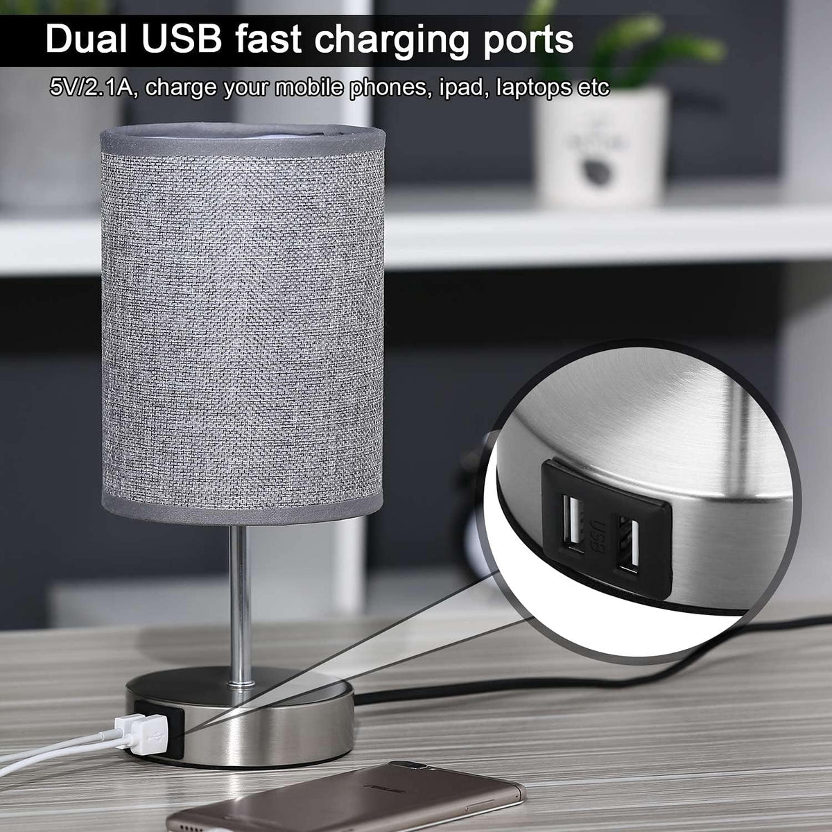 Lightess 2x Touch Bedside Lamps Grey, USB, Dimmable, E14 Bulbs Included – Round