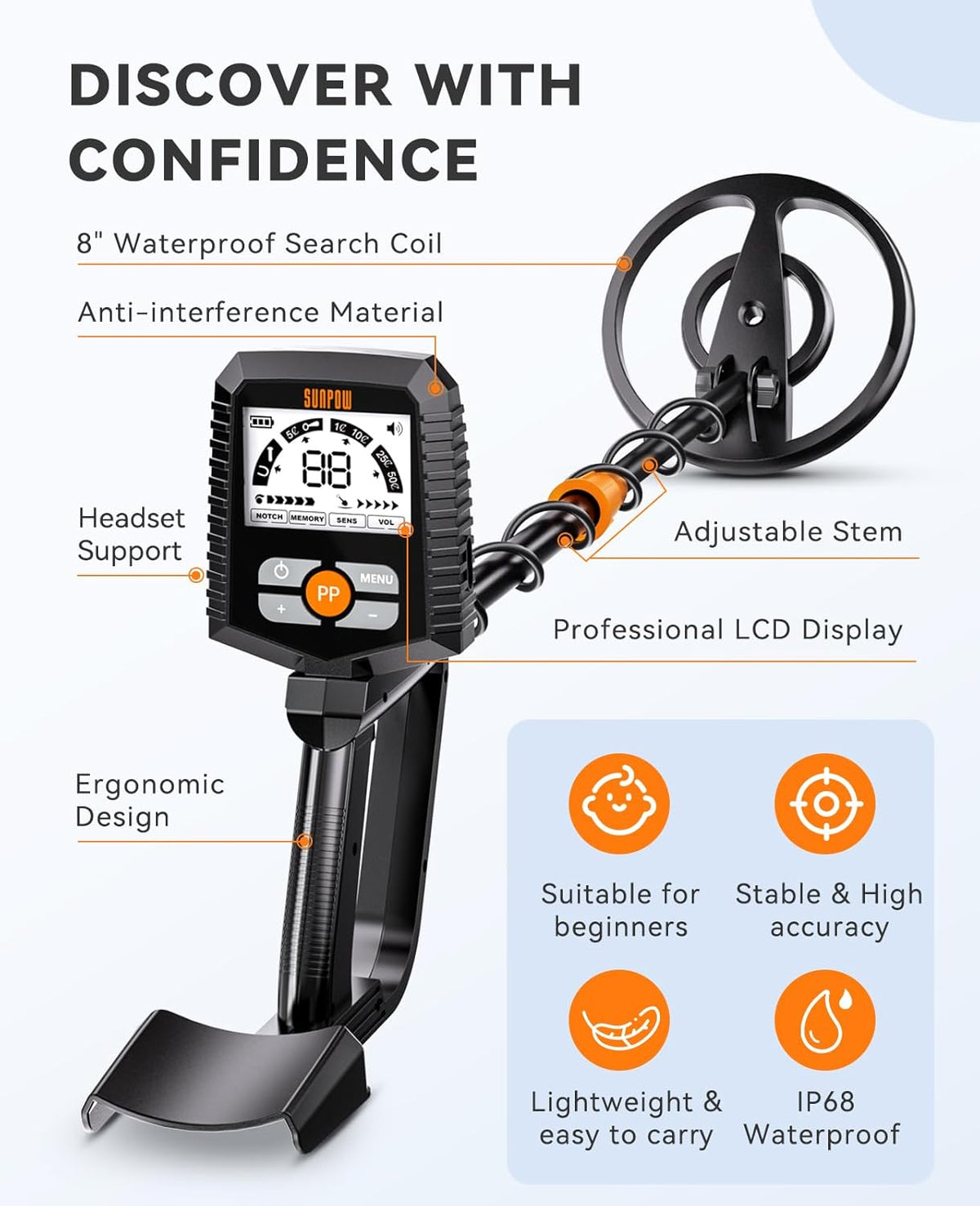 Metal Detector Waterproof Gold Detecting LCD Display 4 Modes SUNPOW