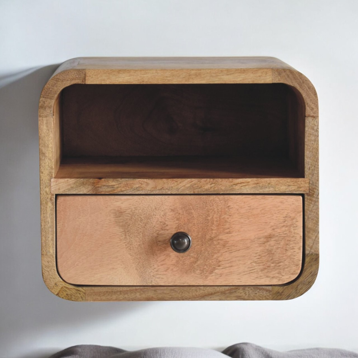 Artisan Furniture Solid Wood Extra Mini Wall Mounted Curved Oak-ish Bedside with Open Slot
