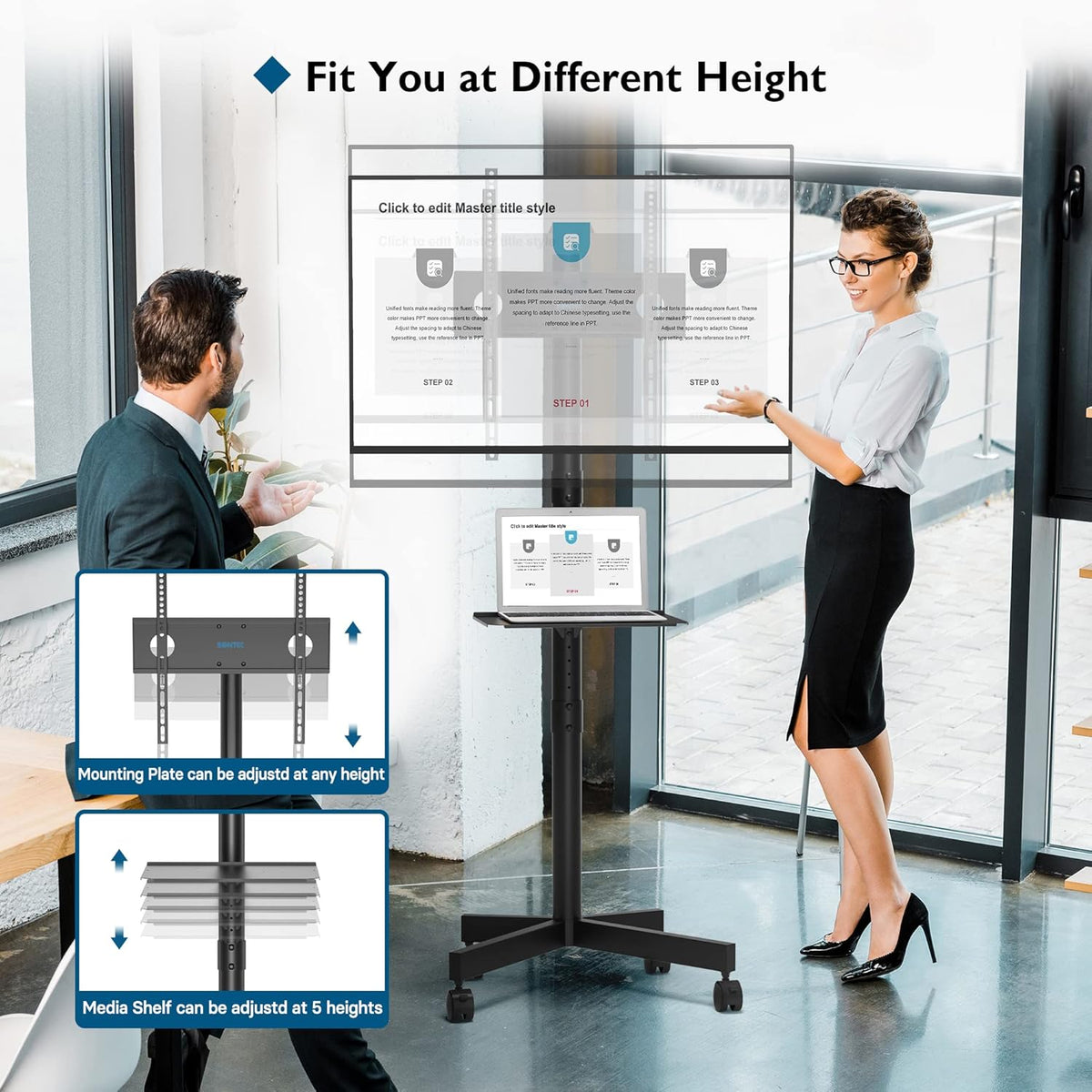 Mobile TV Stand on Wheels 23 to 60 Inch Height Adjustable Shelf BONTEC