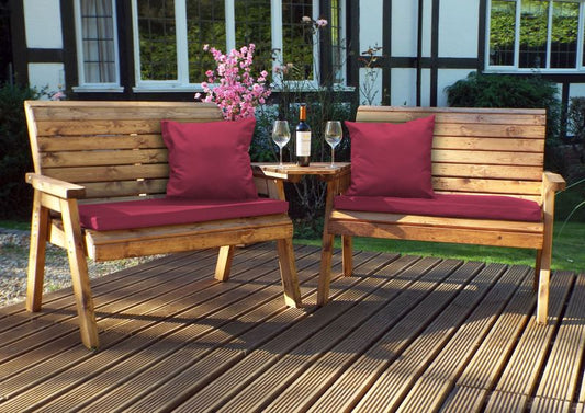 Charles Taylor Trading Twin Bench Set Angled With Burgundy Cushion Brown