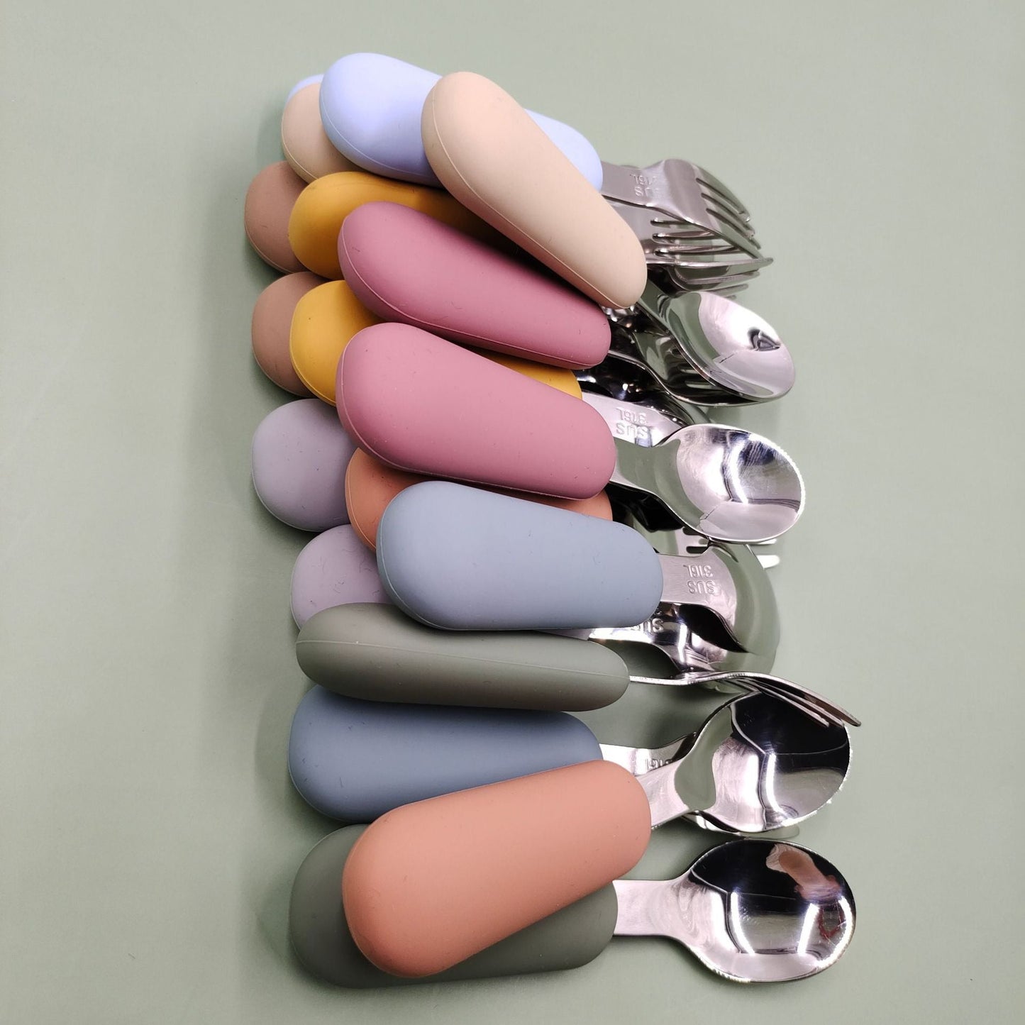 Stainless Steel Baby Spoon Fork Set - Short Handle Silicone Grip