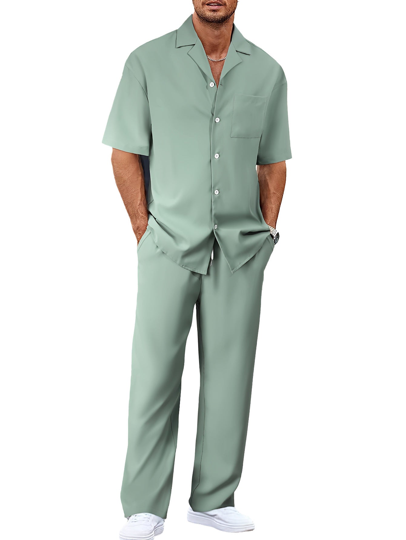 Men's Trousers Suit Fashion Lapel Button Short Sleeve Shirt And Pocket Straight Pants Clothing