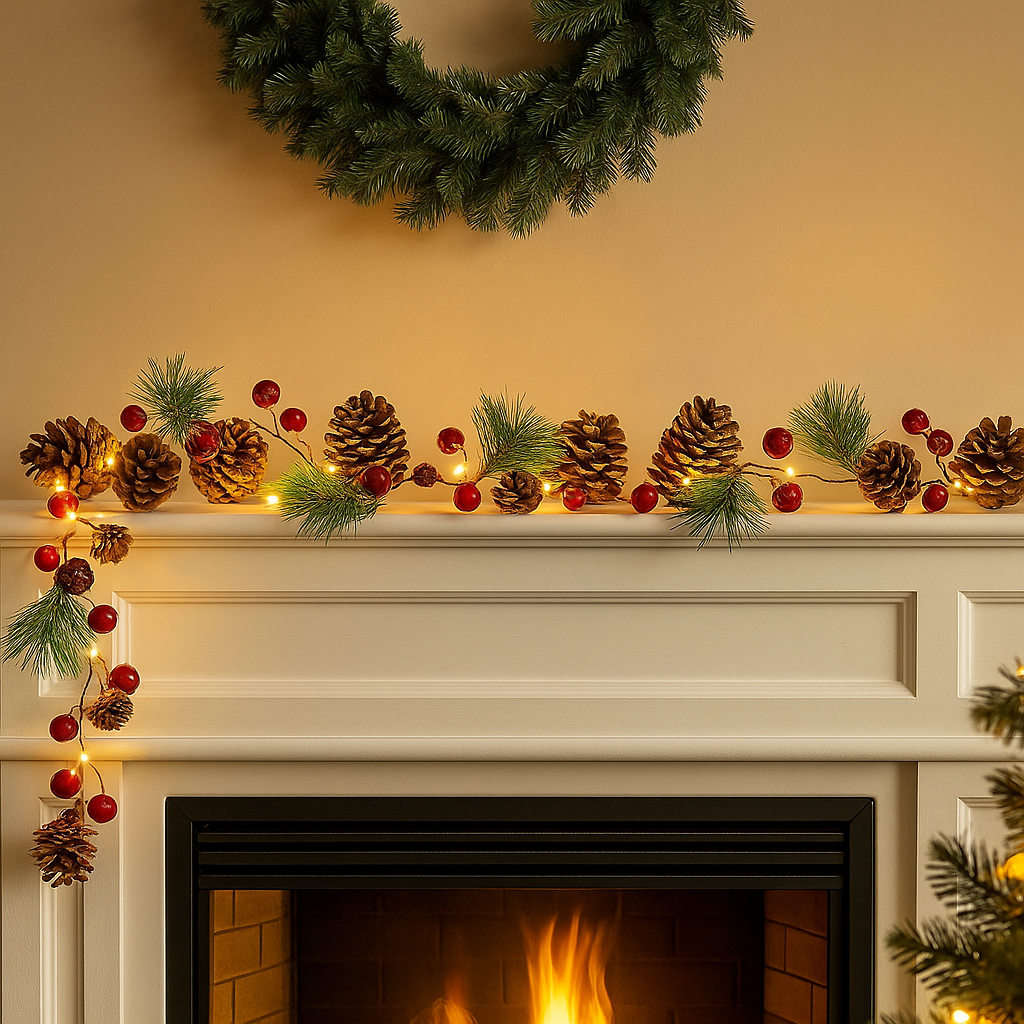 2m Christmas Garland with LED Lights Red Berries