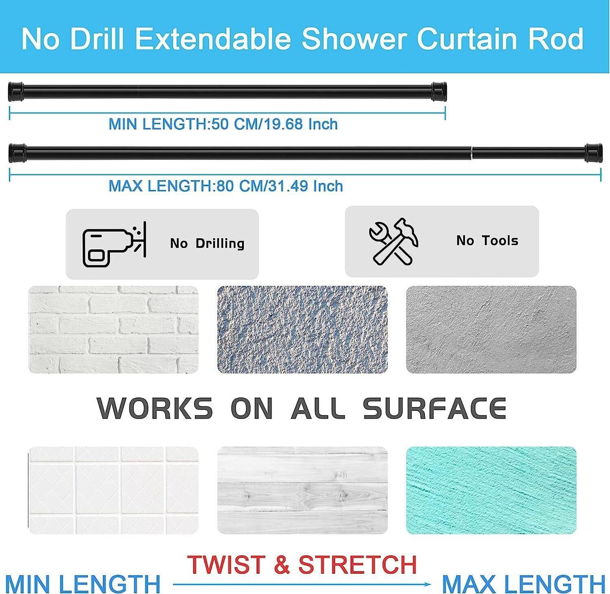 Shower Curtain Rod Tension Extendable Anti Slip 2PCS 50.5-80cm No Drill