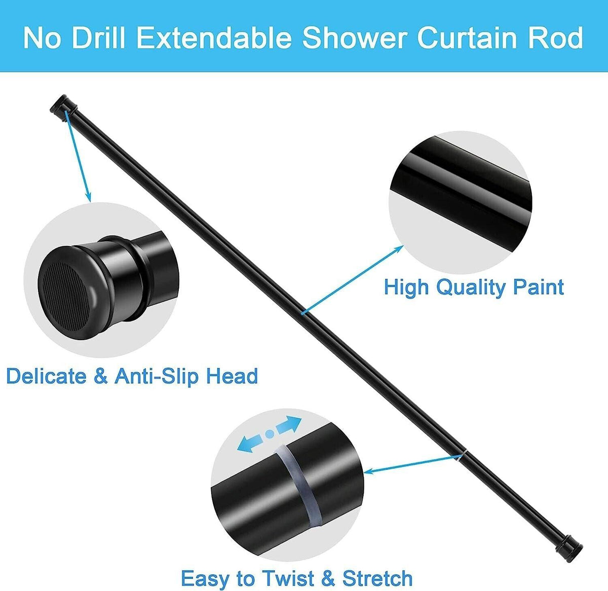 Shower Curtain Rod No Drill Extendable Anti Slip 2PCS 50-80cm Aiitomg