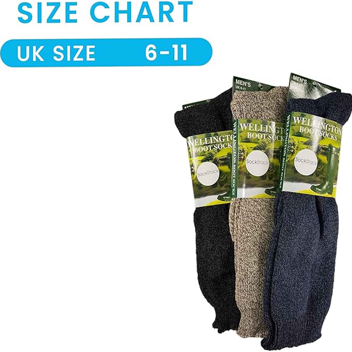 Sock Stack 3 Pack Mens Wellington Boot Socks Durable Cushioned Heel And Toe UK Size 6-11