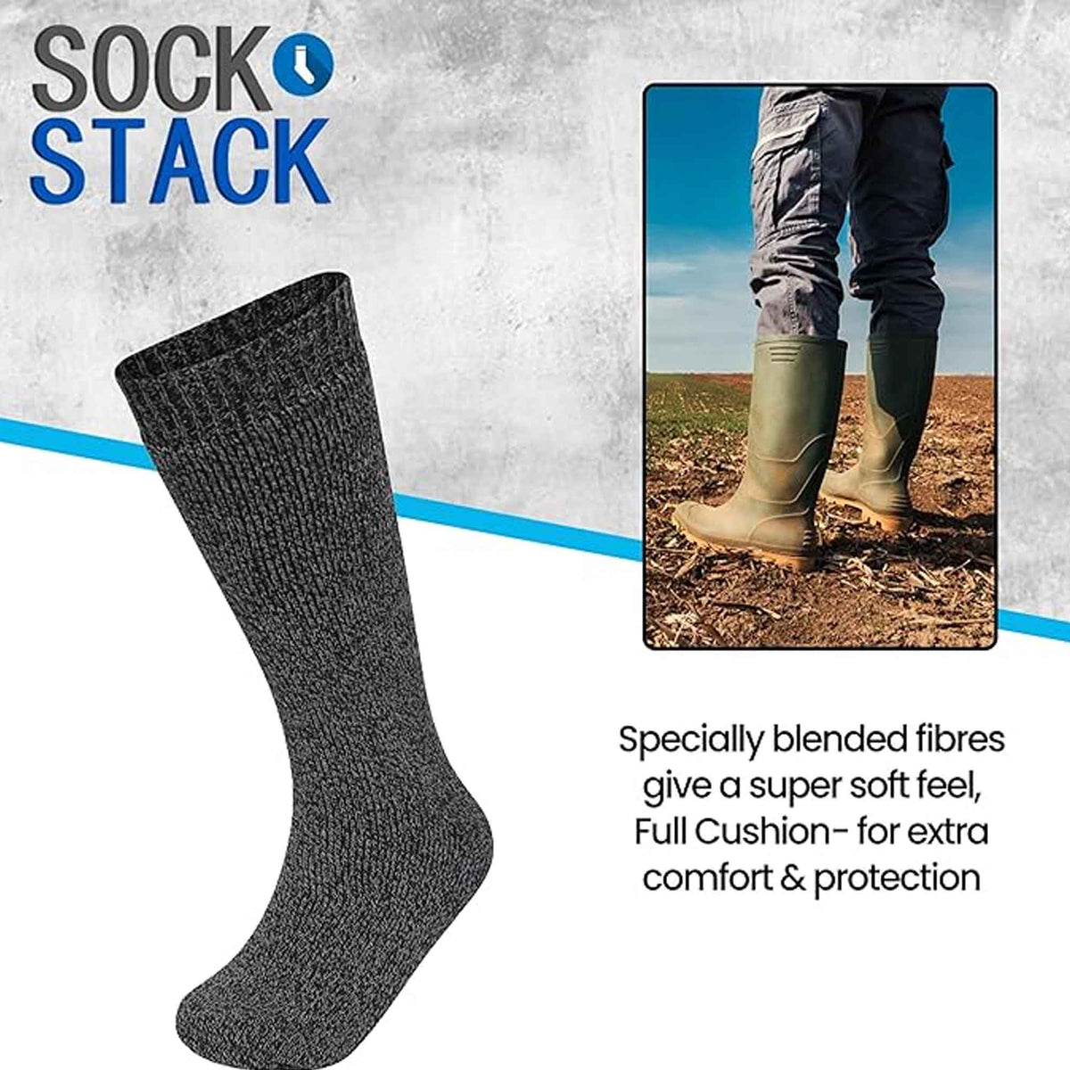 Sock Stack 3 Pack Mens Wellington Boot Socks Durable Cushioned Heel And Toe UK Size 6-11