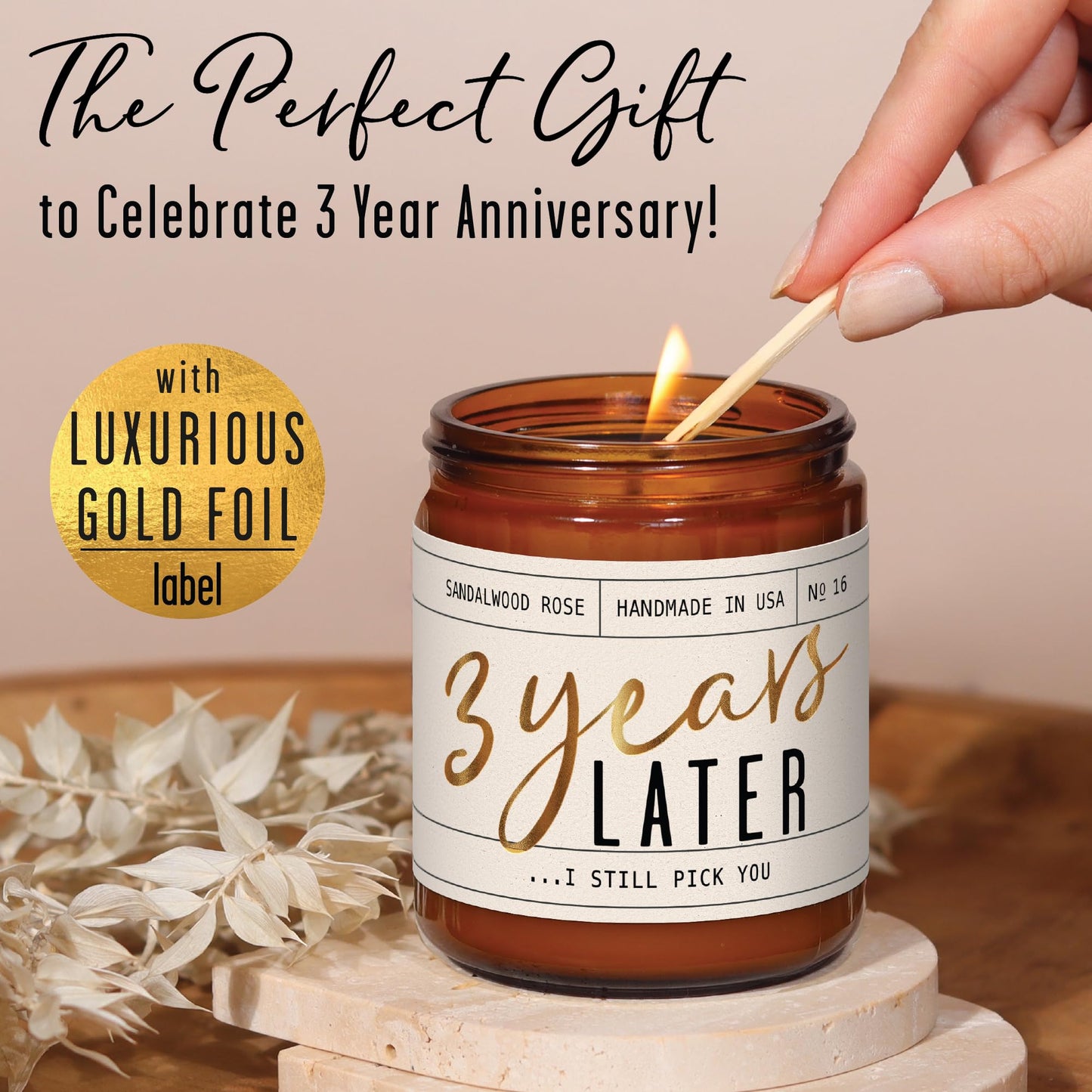 3 Year Anniversary Gift for Her – 3 Years Later Candle, Sandalwood Rose (USA Made)