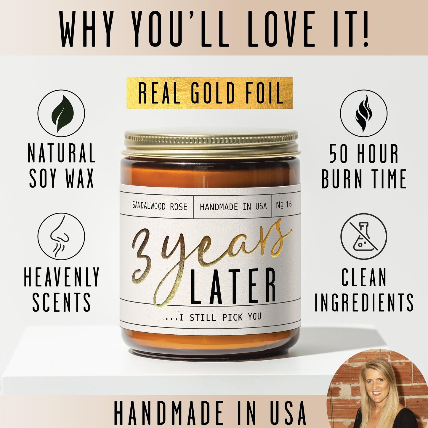 3 Year Anniversary Gift for Her – 3 Years Later Candle, Sandalwood Rose (USA Made)