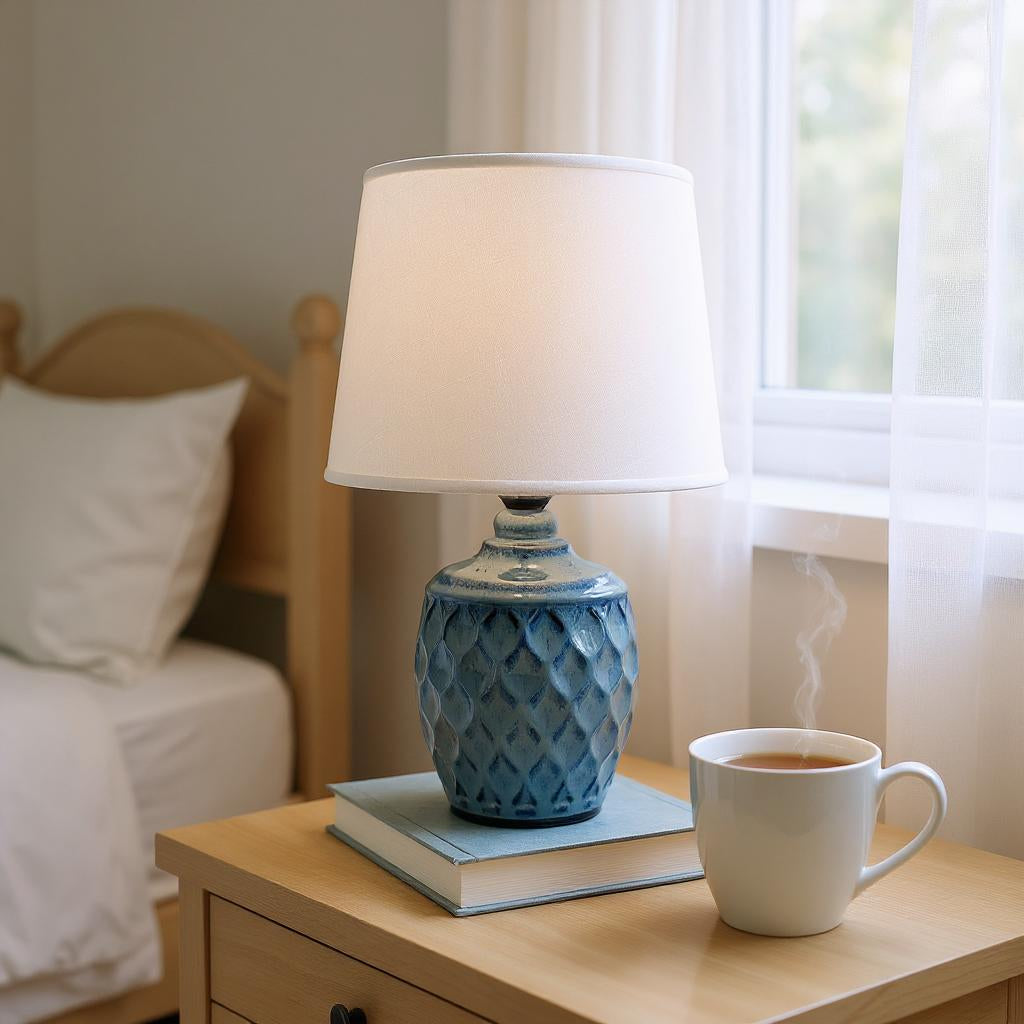 40CM BLUE CERAMIC  LAMP AND SHADE
