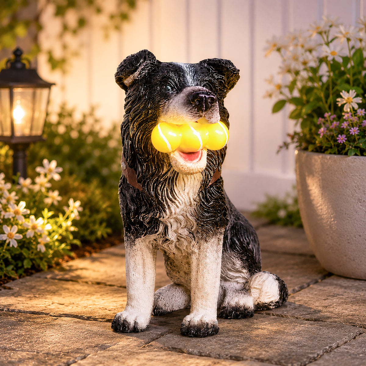 Solar Dog Garden Ornament with Light Up Tennis Balls 31cm