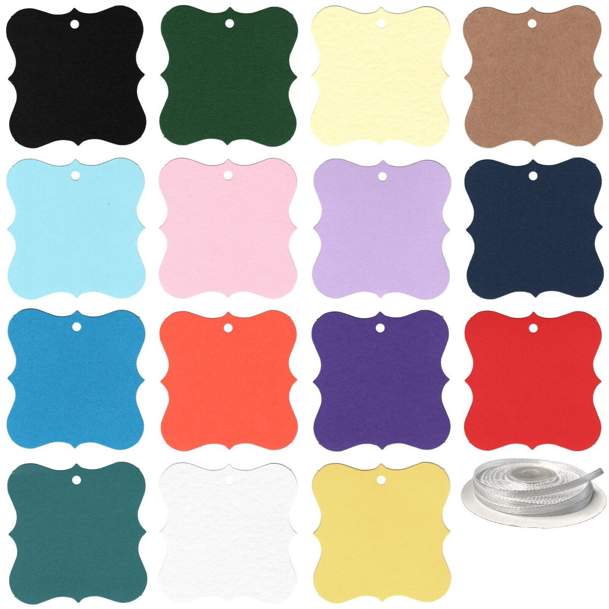 100 Designer Gift Tags with White Satin Ribbon -  21 Colours, Birthday Xmas