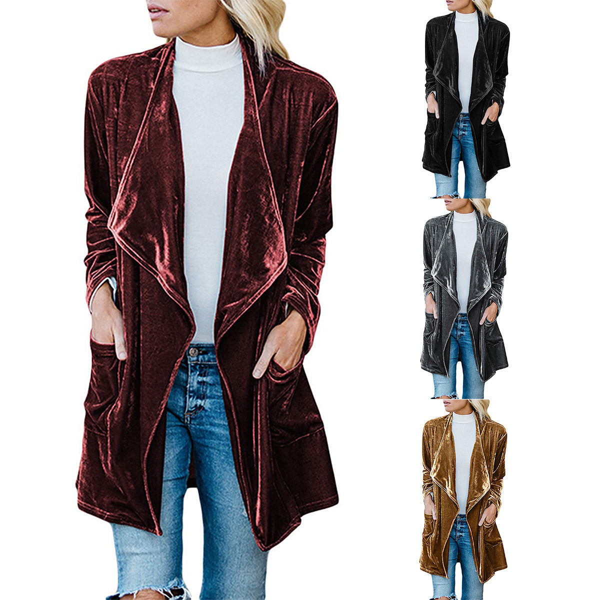 New European And Beautiful Casual Gold Velvet Long Trench Coat