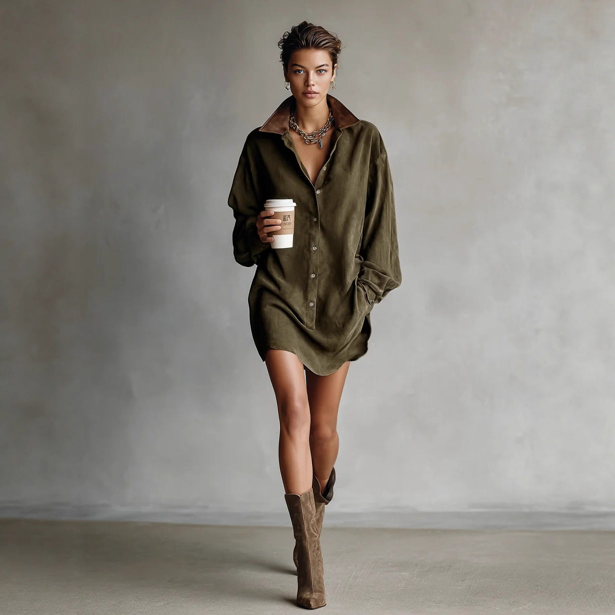 Women's Retro Loose-Fit French-Style Shirt Dress
