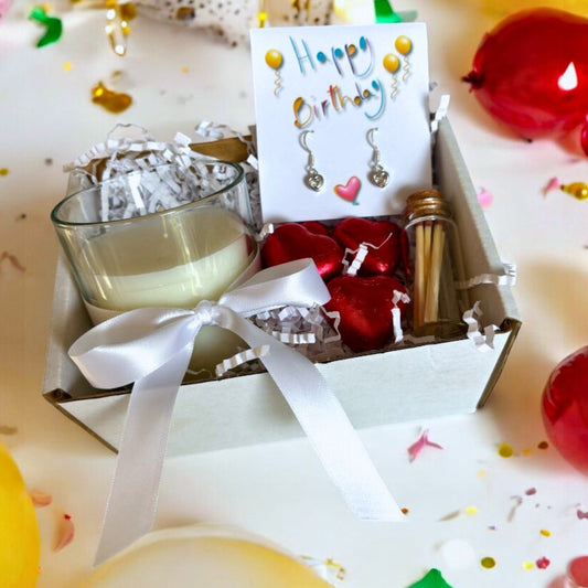 Aye Do Gifts Small Happy Birthday Gift Hamper - Cubic Zirconia Heart Drop Earrings, Chocolates & Candle