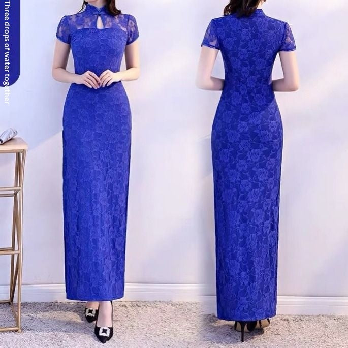 Retro-style modified dance cheongsam lace long high-slit dress