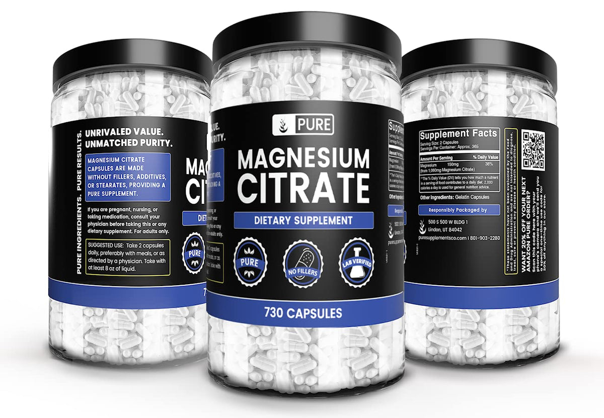 Pure Original Magnesium Citrate - 730 Capsules | No Magnesium or Rice Fillers, Always Pure, Lab Verified