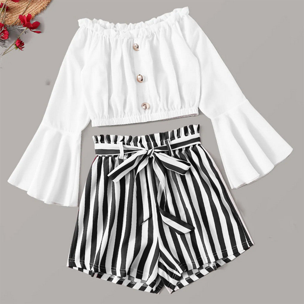 Two Piece Set Slash Neck Crop