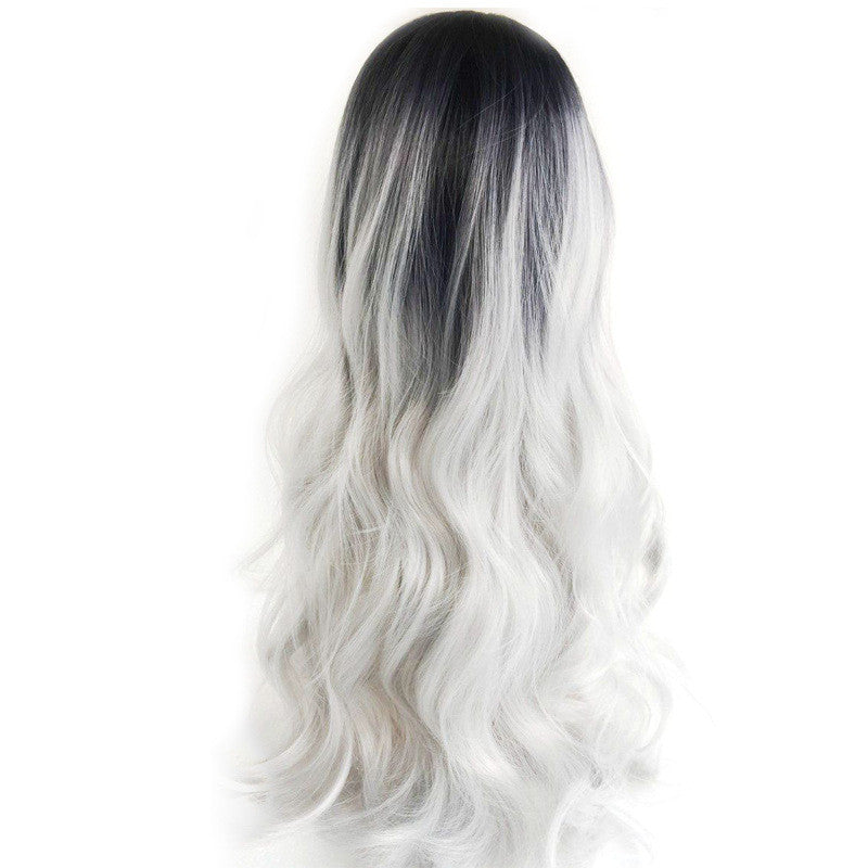 Black silver gray mid-point long curly hair cos fake