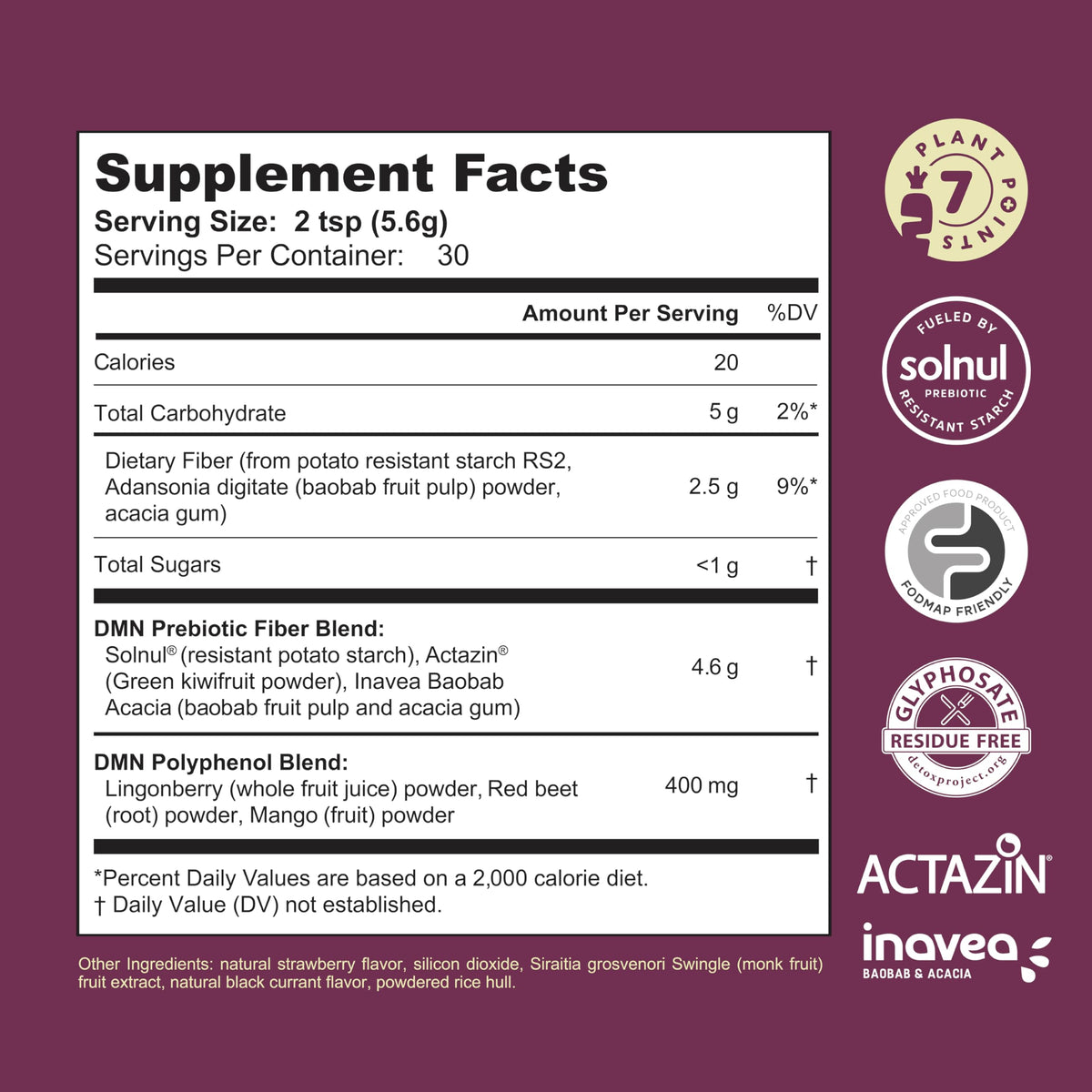 38TERA DMN Daily Microbiome Nutrition | Plant-Based Fiber Powder with 3 Prebiotics, Low FODMAP, Vegan, Wild Berry