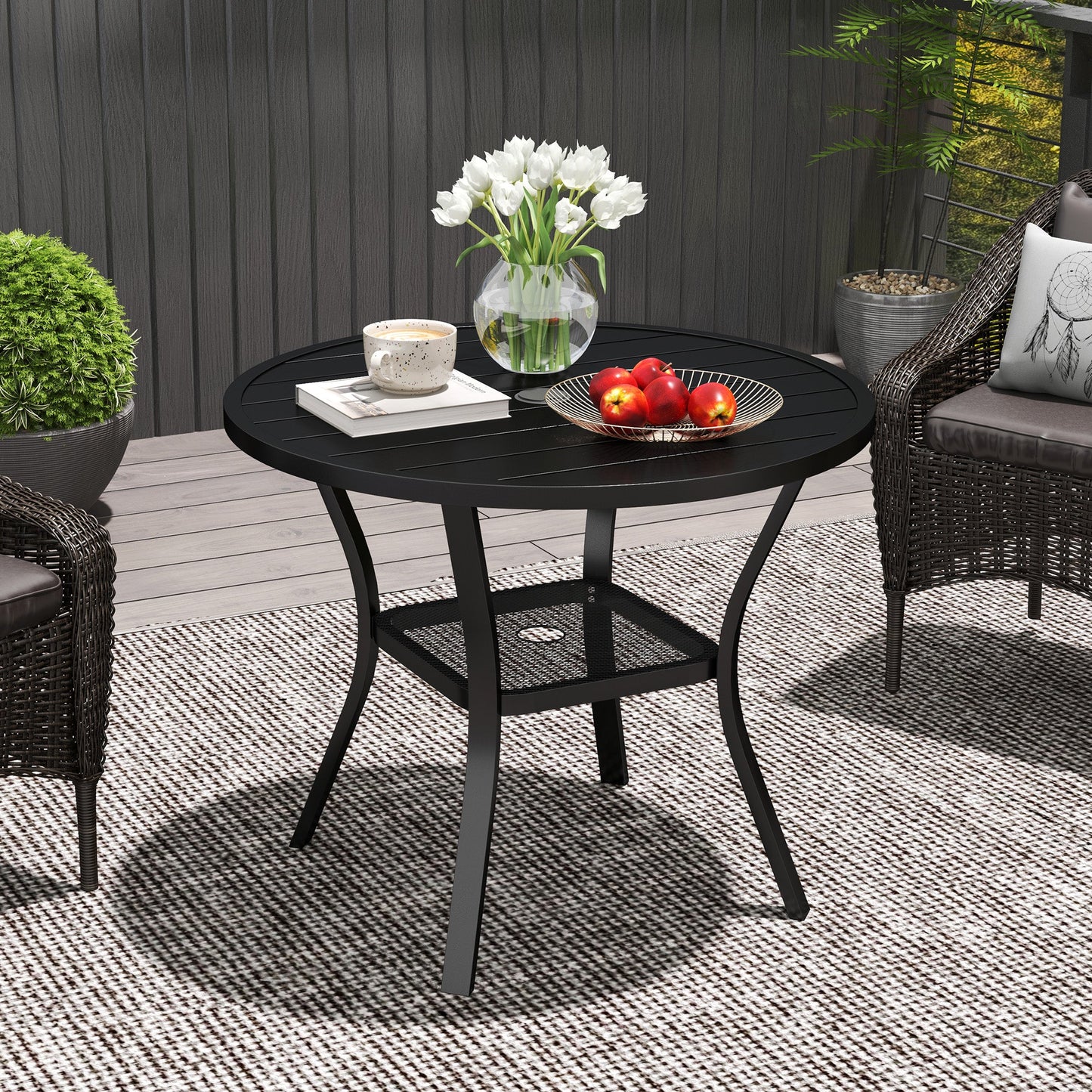 Outsunny 90 cm Garden Dining Table, Round Garden Table with Parasol Hole
