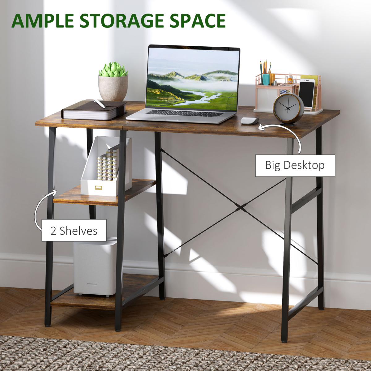 HOMCOM Computer Table Wor Desk with Shelves & Steel Frame, Rustic Brown