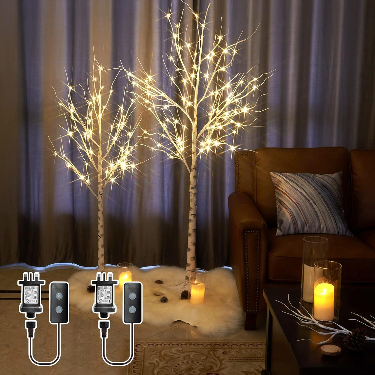 2PCS White Twig Tree Set 6FT & 5FT Birch Trees Warm White LED Lights EAMBRITE