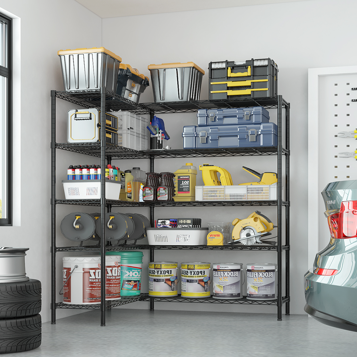 5-layer double row, freely adjustable layer spacing, with adjustable feet, display stand, iron, 177*40*180cm, powder-coated black