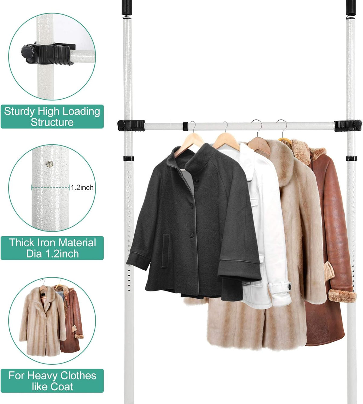 Telescopic Clothes Rack Heavy Duty Adjustable Rail with Hooks 8–10.8 ft