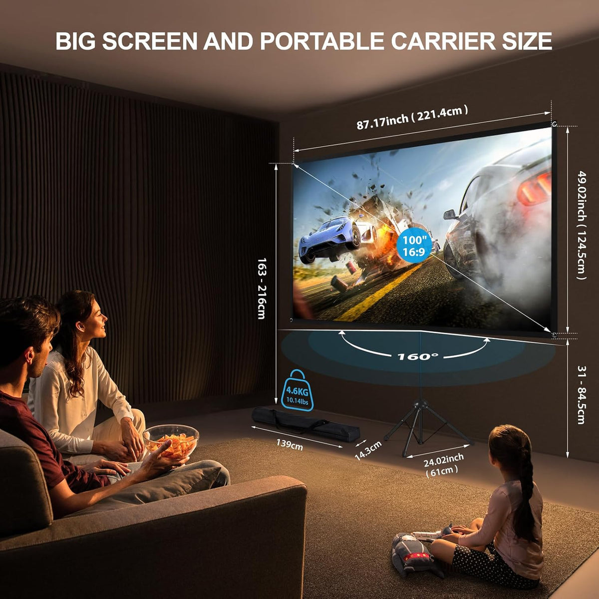 100'' ALR Projector Screen with Stand, 16:9, Portable, Easy Setup, Outdoor & Home