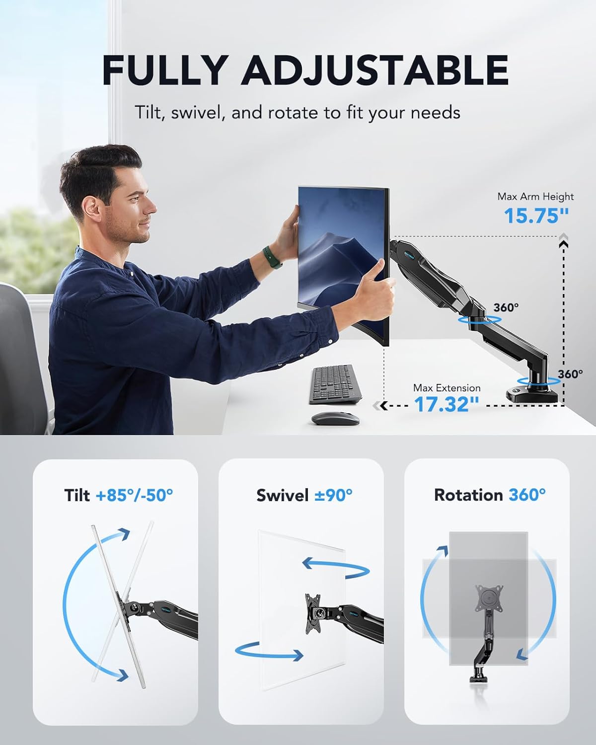 Single Monitor Arm 13 to 32 Inch Adjustable White Desk Mount VESA HUANUO