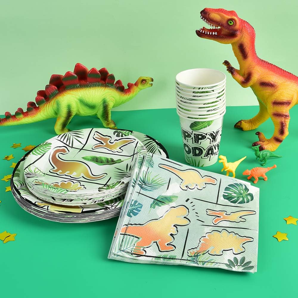 Party Tableware Set for Kids 16 Guests 66pcs Birthday Decorations Gold Dinosaur